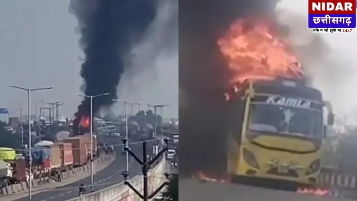 कानपुर: दिल्ली से बनारस जा रही स्लीपर बस बनी आग का गोला, पुलिस ने जान पर खेलकर यात्रियों को बचाया