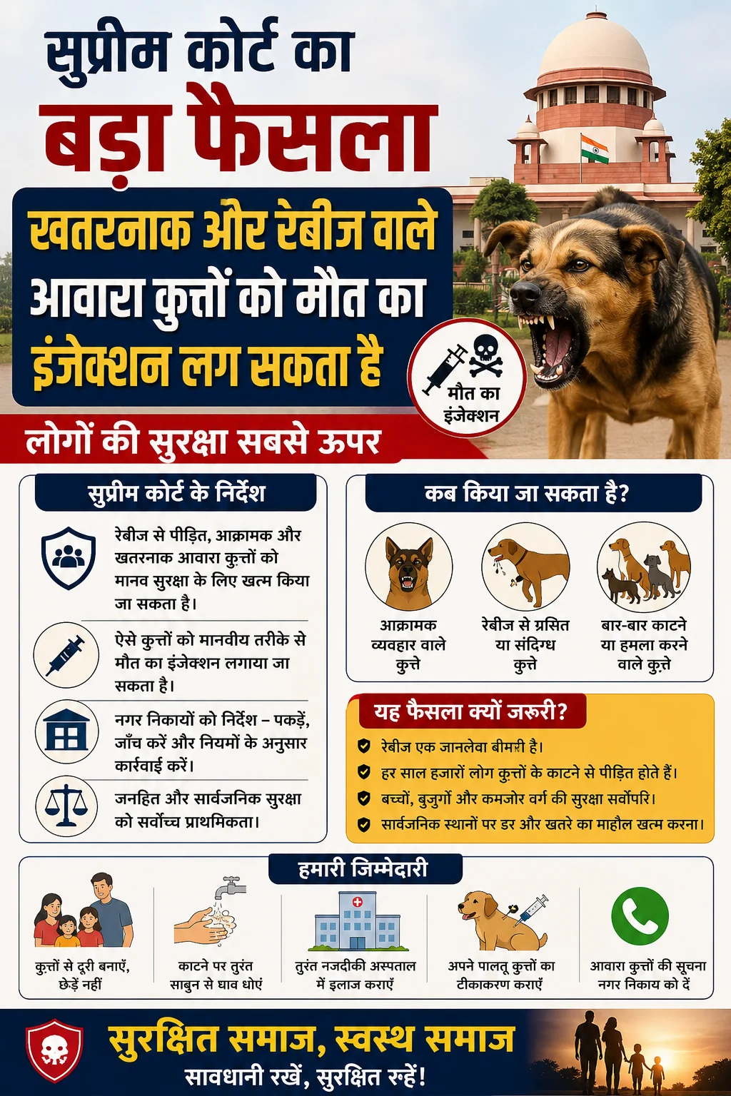 सुप्रीम कोर्ट का बड़ा फैसला: खतरनाक और रेबीज वाले आवारा कुत्तों को मौत का इंजेक्शन लग सकता है, लोगों की सुरक्षा सबसे ऊपर
