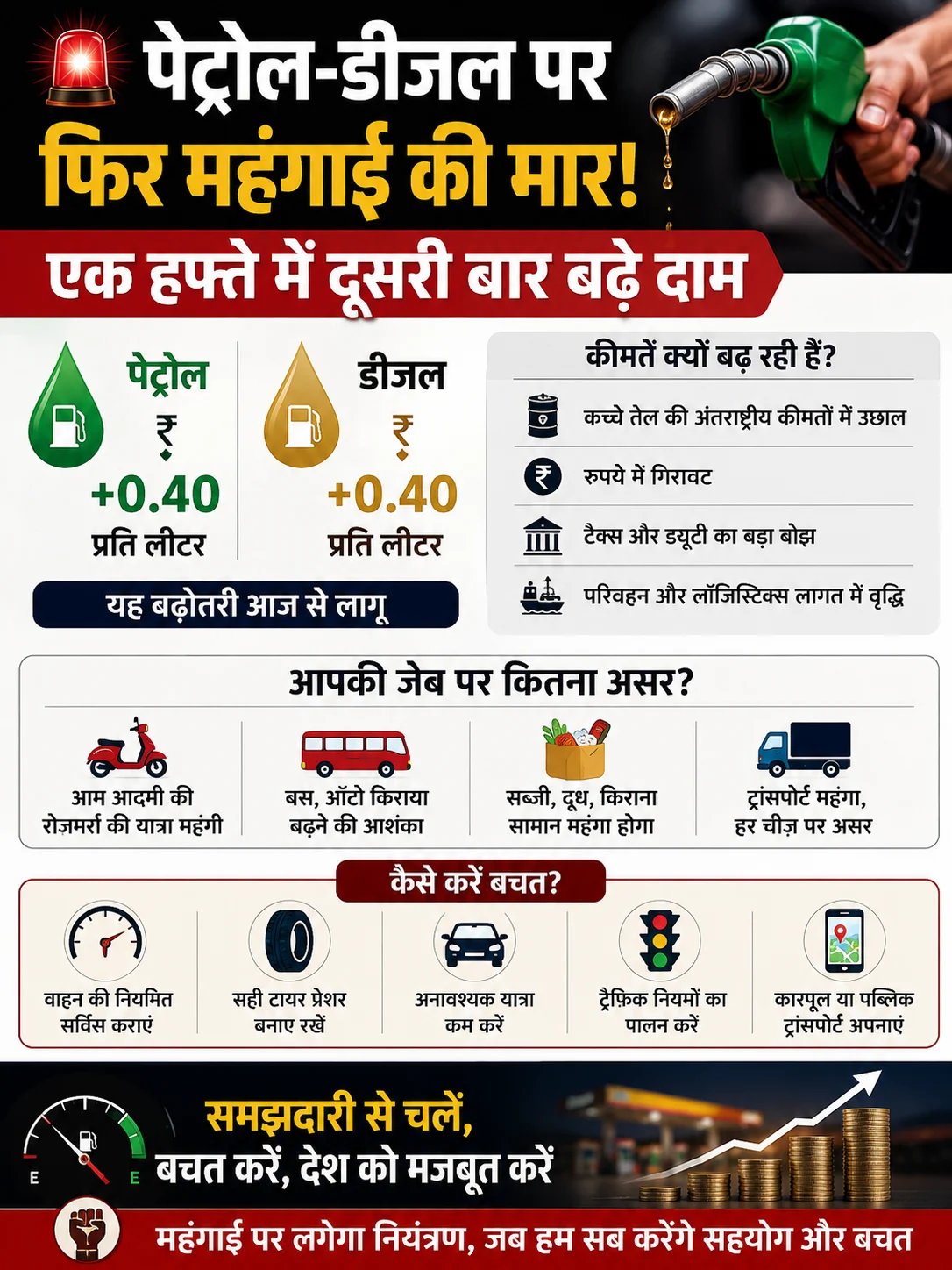 पेट्रोल-डीजल पर फिर महंगाई की मार! एक हफ्ते में दूसरी बार बढ़े दाम | Petrol Diesel Price Hike Today
