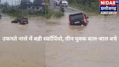 उफनते नाले में बही स्कॉर्पियो, तीन युवक बाल-बाल बचे, VIDEO वायरल