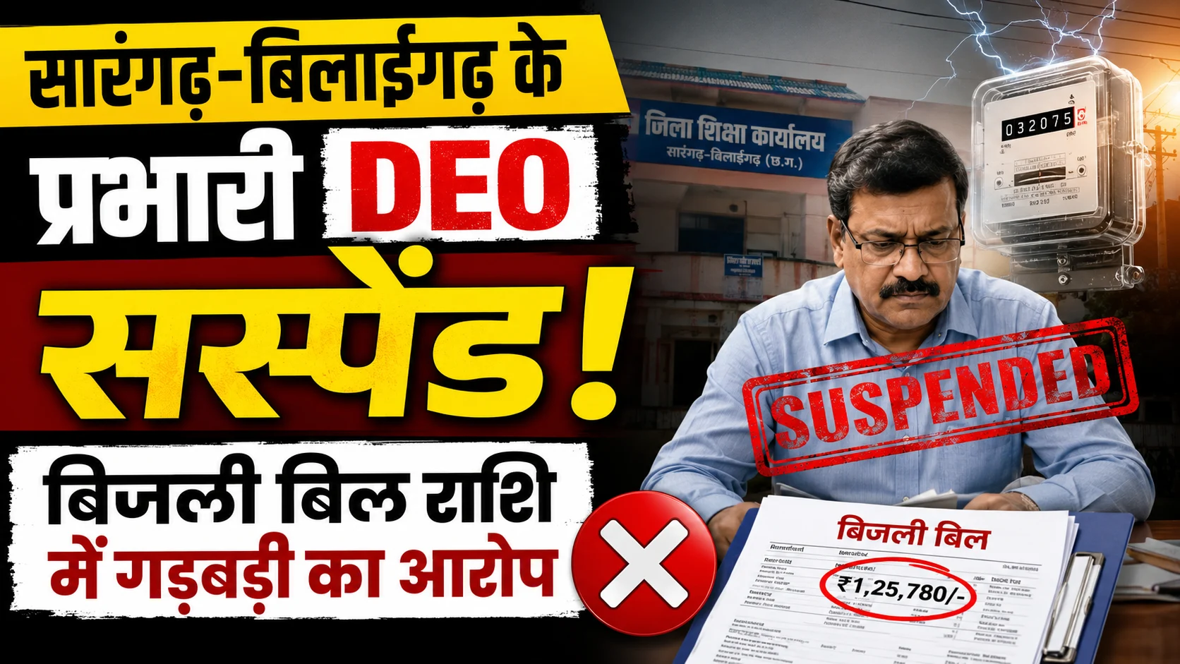 सारंगढ़-बिलाईगढ़ के प्रभारी DEO सस्पेंड, बिजली बिल राशि में गड़बड़ी का आरोप